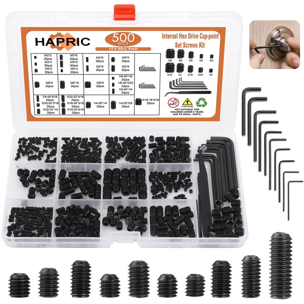 500-piece set screws assortment in a clear organizer box, black hex-head screws and wrenches