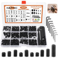 500-piece set screws assortment in a clear organizer box, black hex-head screws and wrenches
