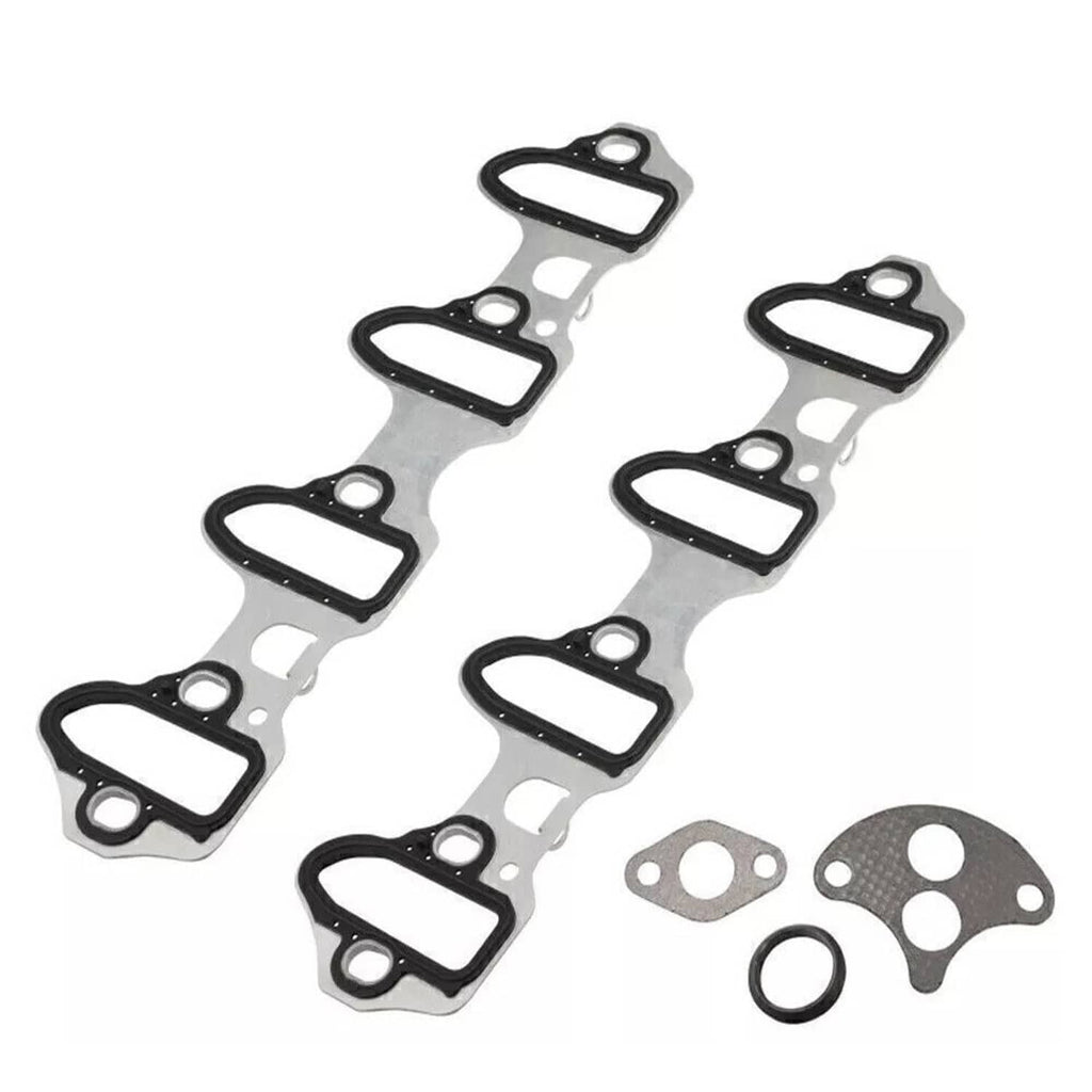 Intake manifold gasket set with several black rubber gaskets, metal plates, and O-ring