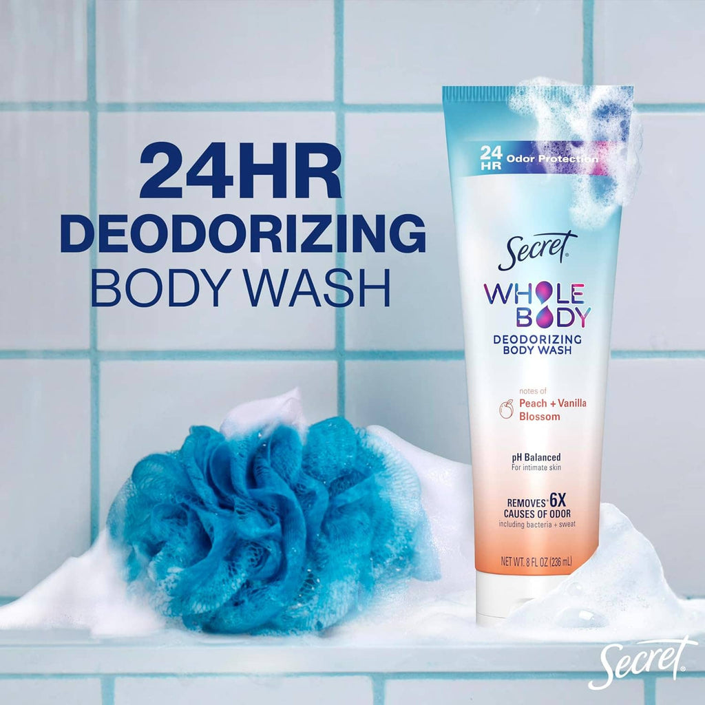 Secret Whole Body deodorizing body wash tube with 24HR deodorizing label