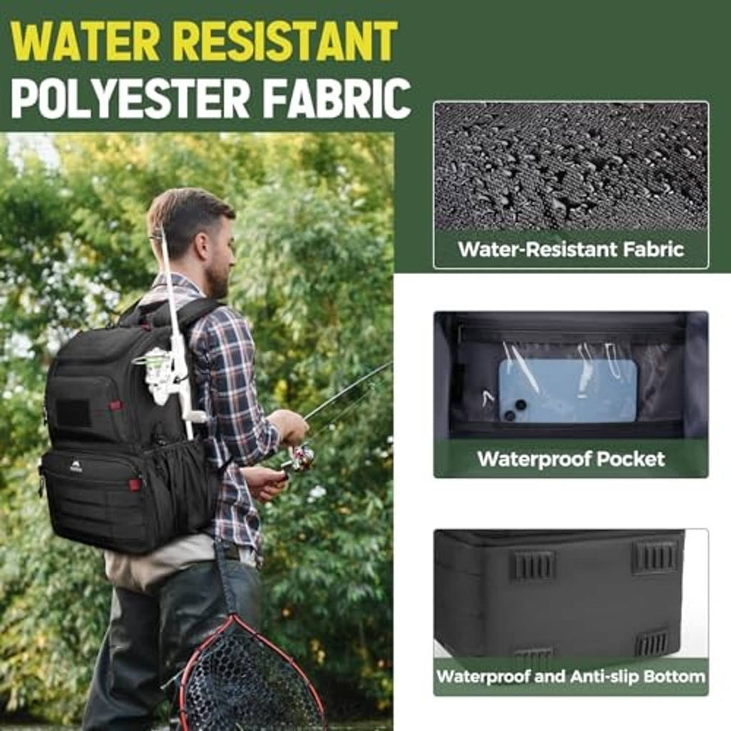 Black fishing backpack with waterproof pocket and water-resistant fabric inset details.