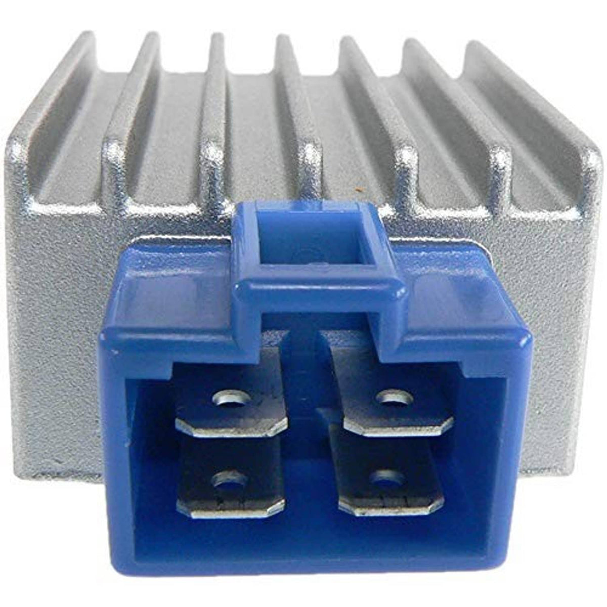 Regulator rectifier heat sink with blue housing showing twin terminals and mounting holes