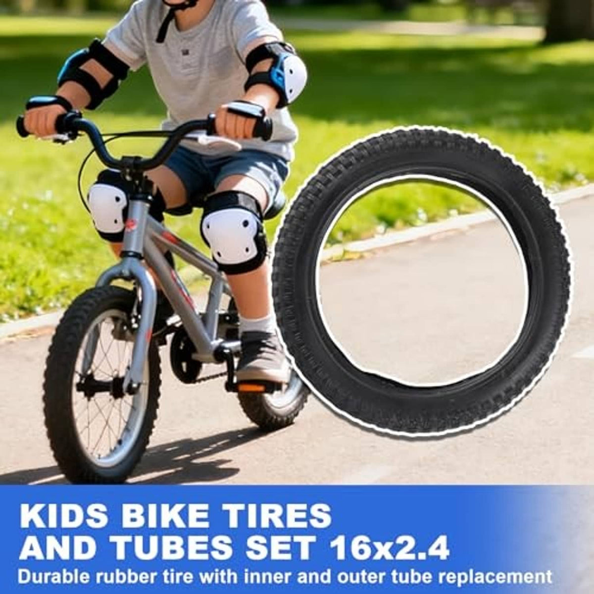 Kids bike front wheel tire: black 16x2.4 dirt tread with valve stem visible
