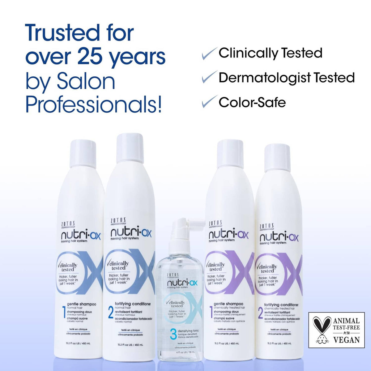Thinning-hair system bottles with claims: clinically tested, dermatologist tested, color-safe
