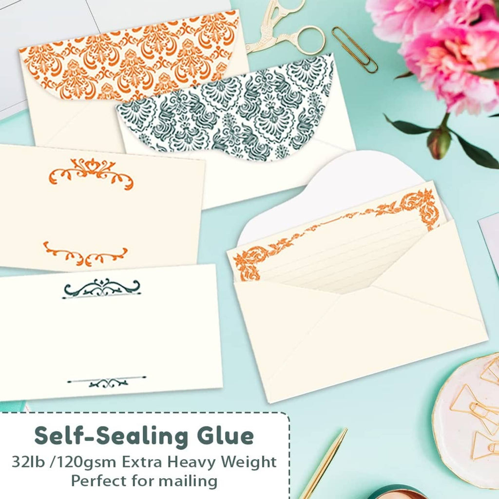 Ivory envelopes and cards with teal and orange patterned trims, self-sealing style
