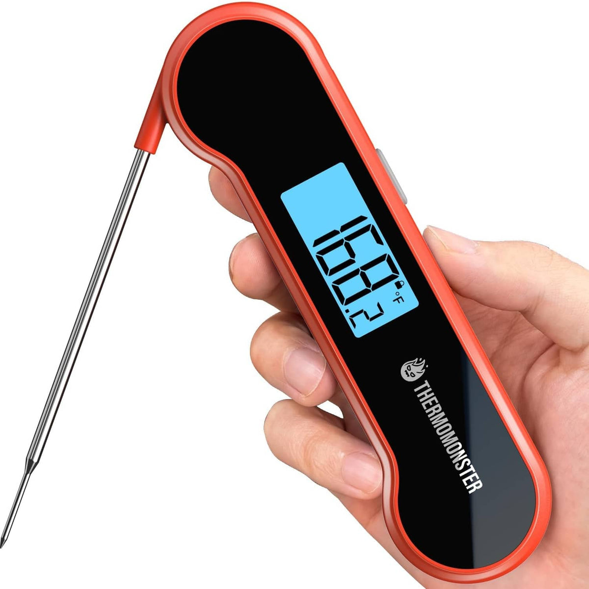 Red instant-read meat thermometer with long probe and blue LCD temperature display