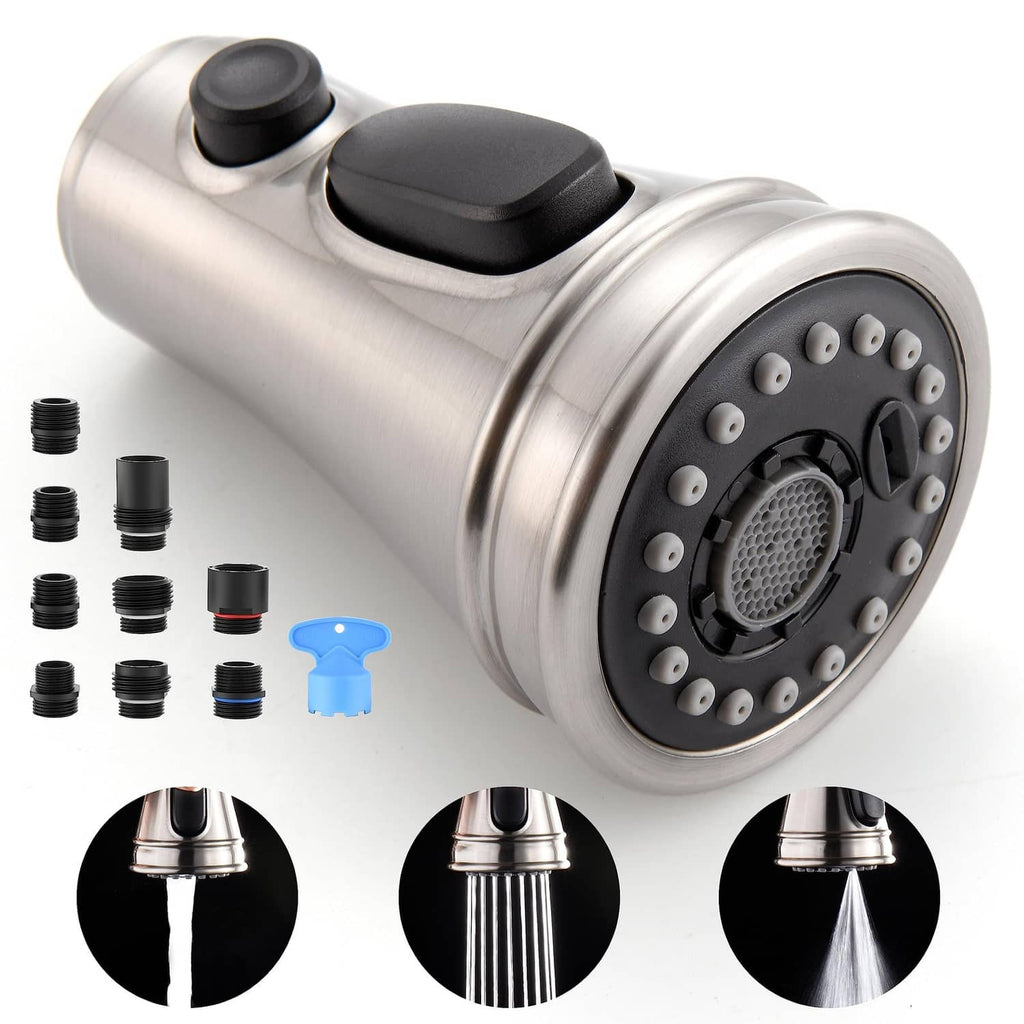 Brushed nickel kitchen faucet spray head with black rubber nozzle and flow button