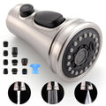 Brushed nickel kitchen faucet spray head with black rubber nozzle and flow button