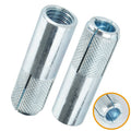Drop-in concrete anchor, zinc-plated silver with threaded insert, close-up pair