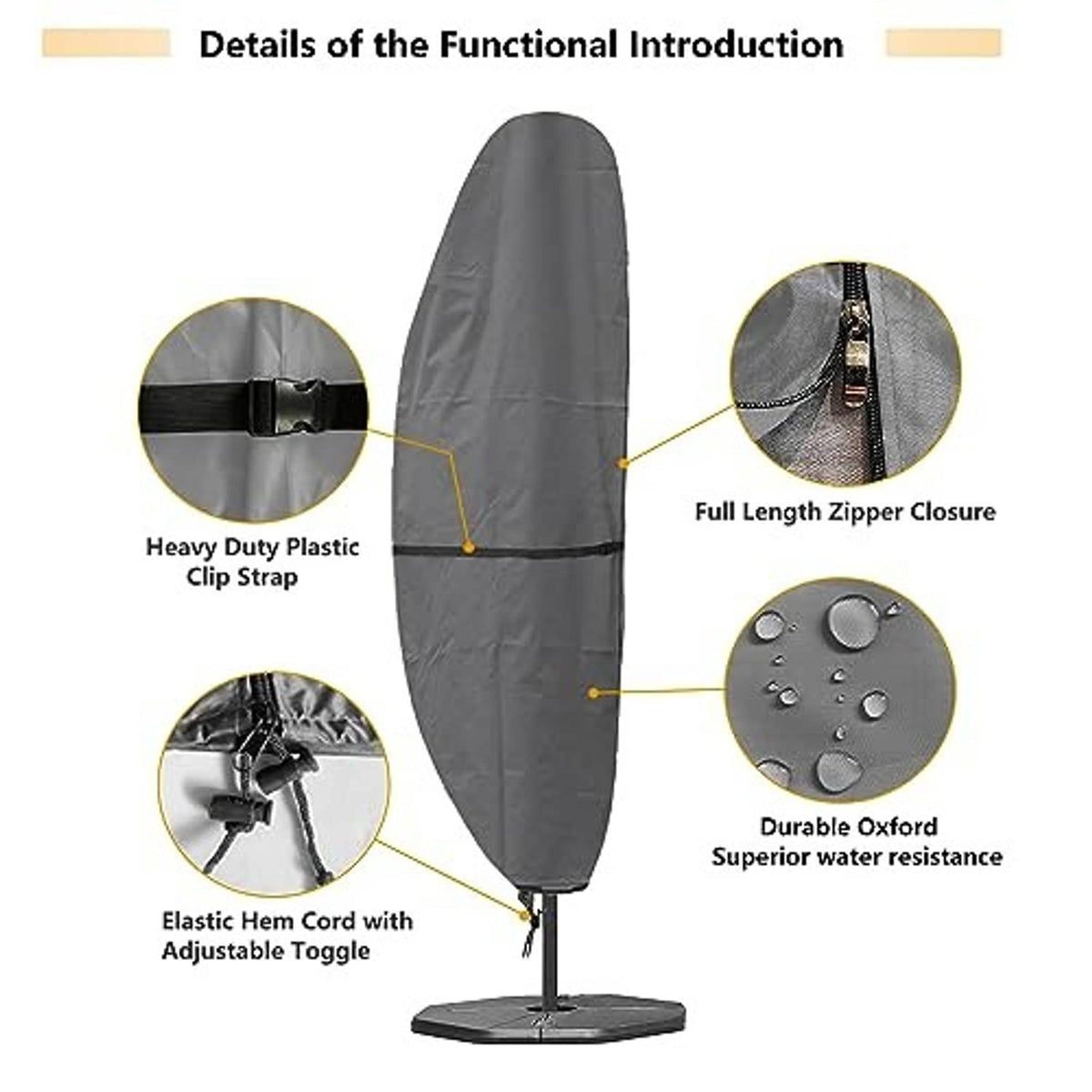 Grey umbrella cover with full-length zipper, elastic hem cord, and adjustable toggle
