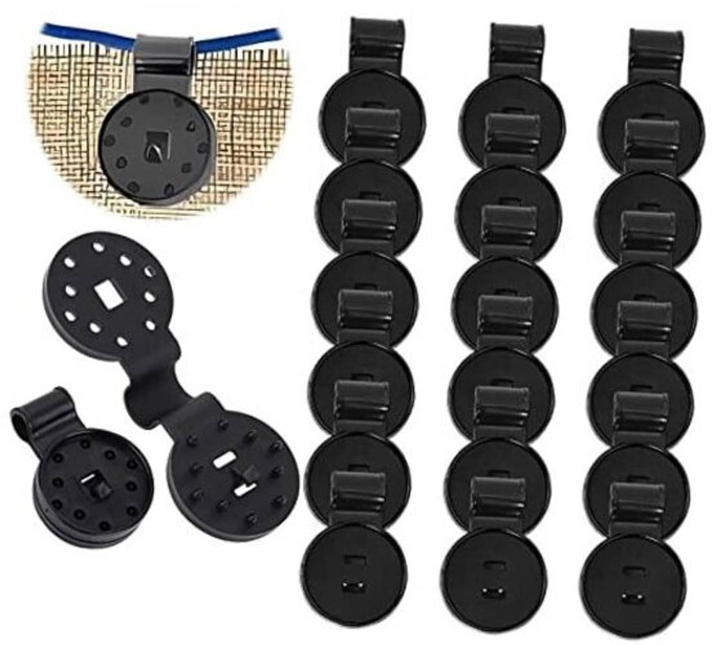 Shade cloth clips set, black plastic with round heads and barbed bolt, assorted views