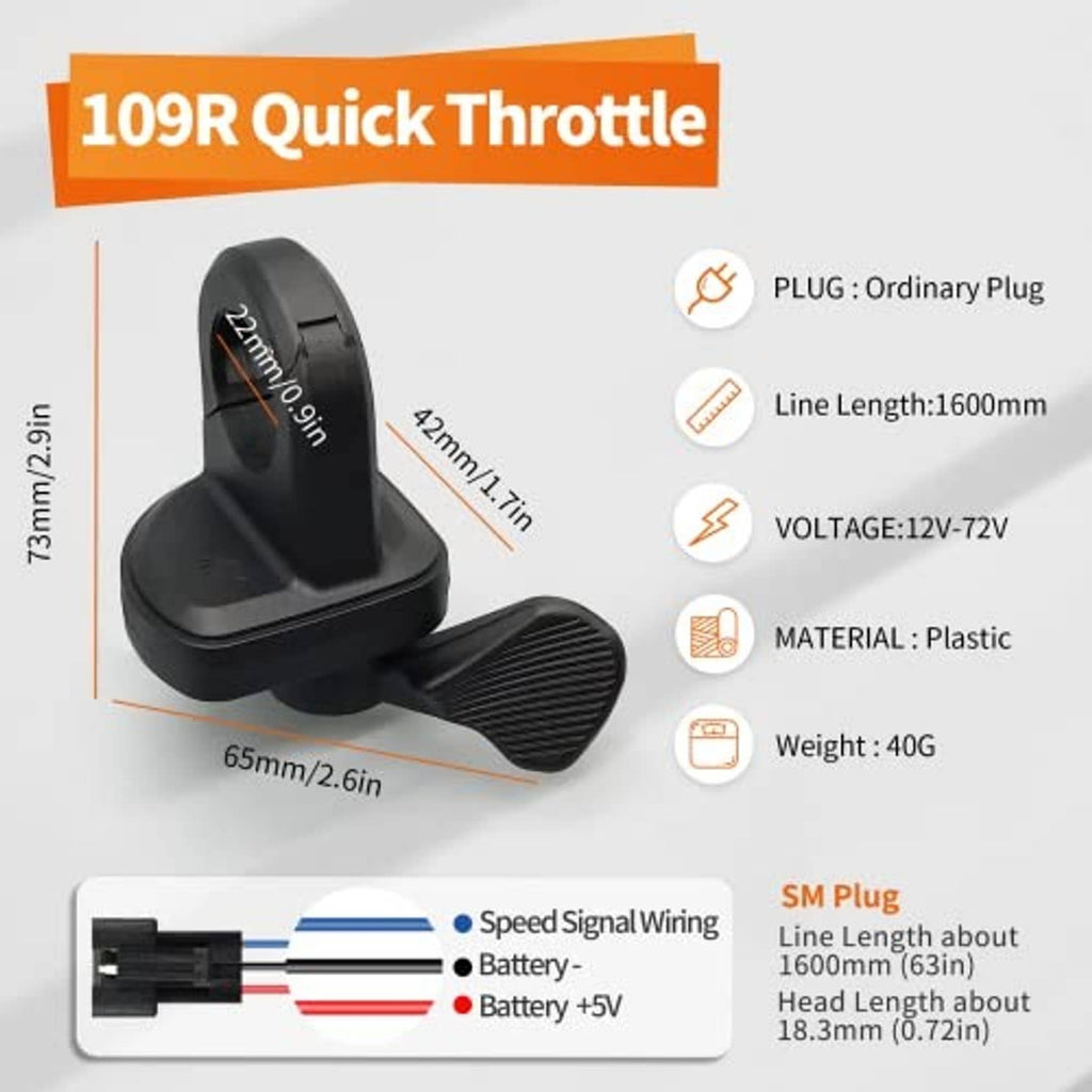 Quick thumb throttle controller with cable, showing size diagram, black plastic