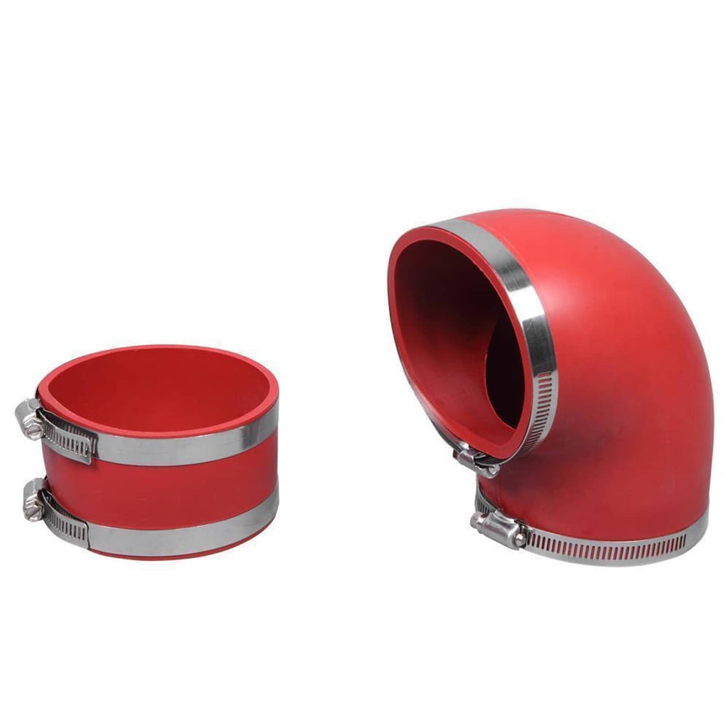 Red intake elbow with silver clamps and ribbed edge for hose connection