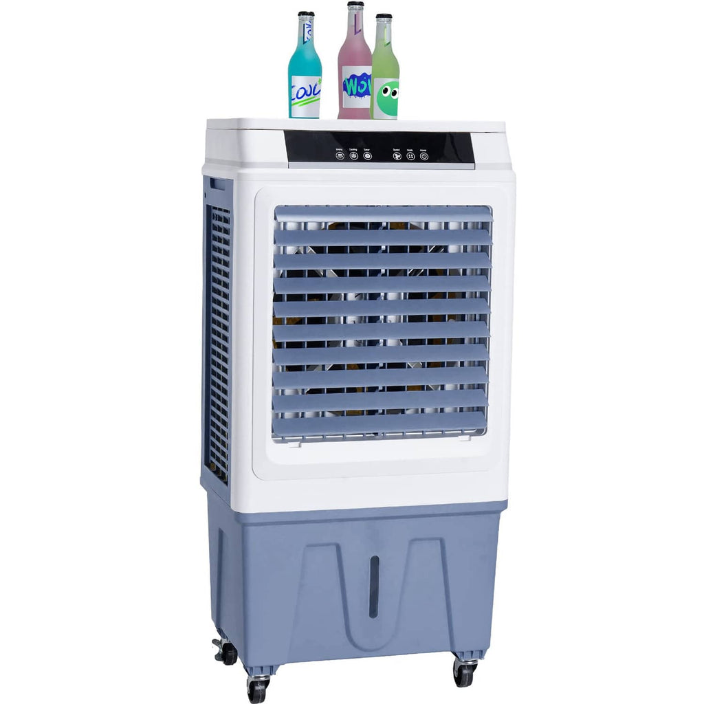 Portable evaporative cooler, white body with blue reservoir base and front window vent