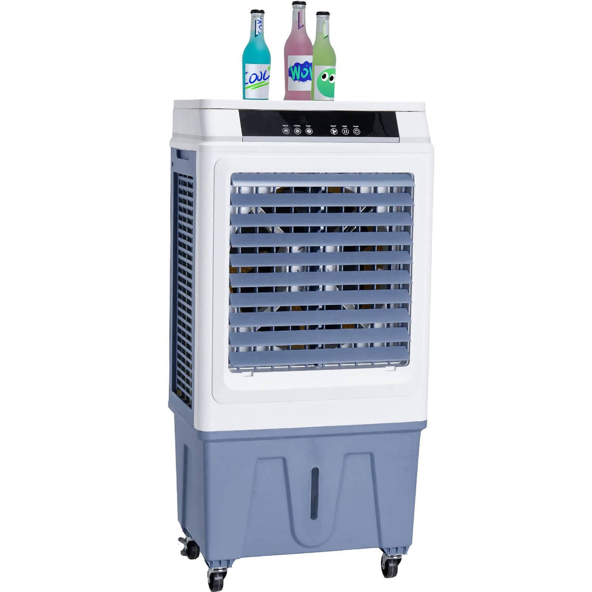 Portable evaporative cooler, white body with blue reservoir base and front window vent
