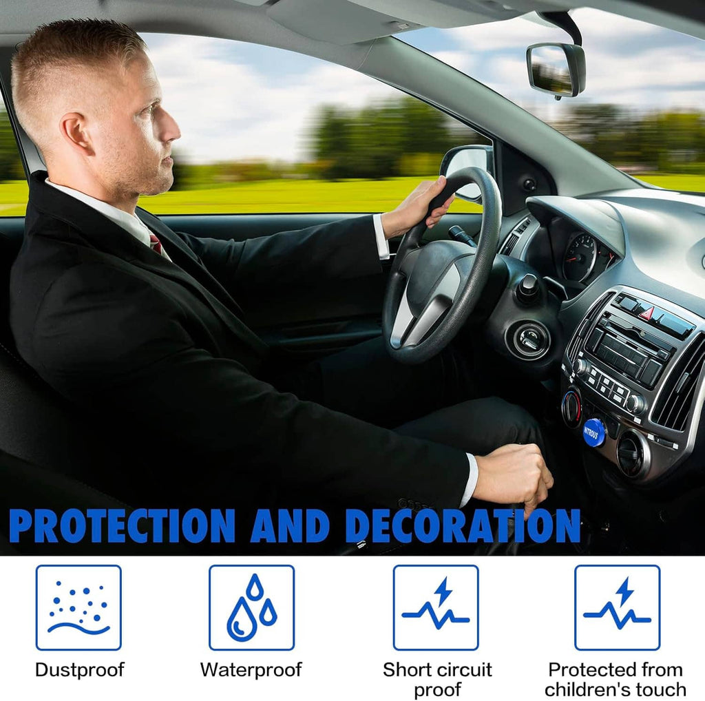 Blue cigarette lighter cover cap for car socket, installed on center console.