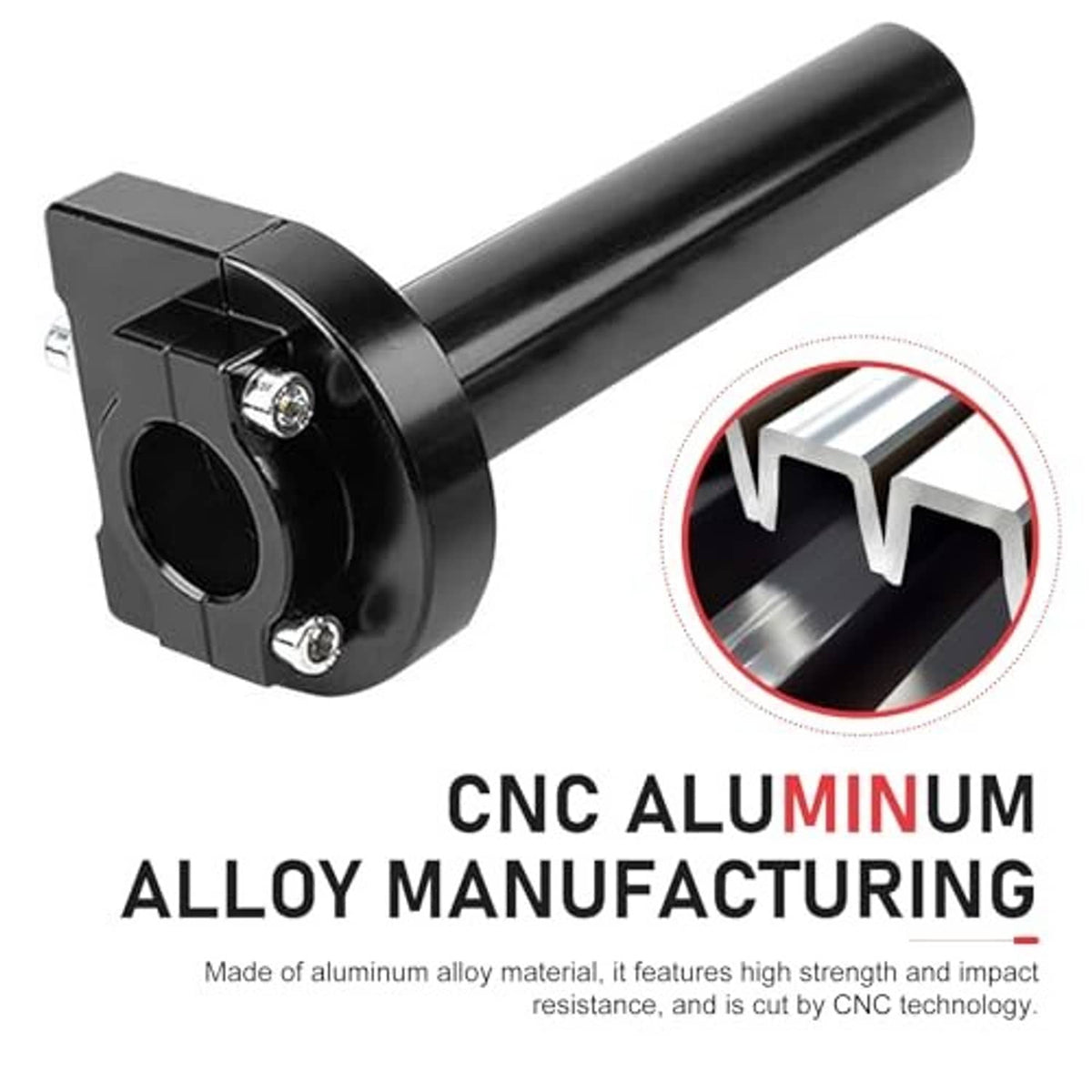 Black CNC quick-twist throttle grip with square mounting bracket and end cutaway