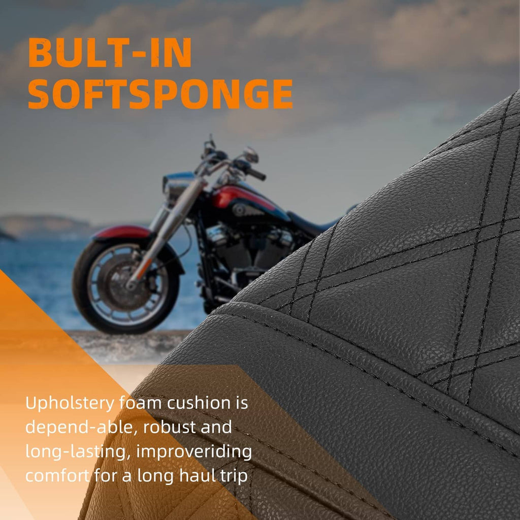 Black padded motorcycle seat cushion with diamond seam lines and stitched bolster