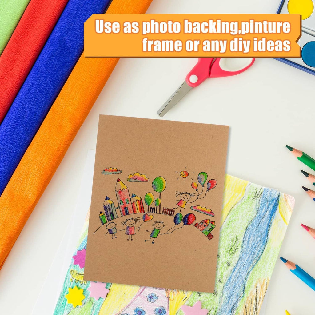 Brown corrugated cardboard sheet used as craft backing with colorful drawing