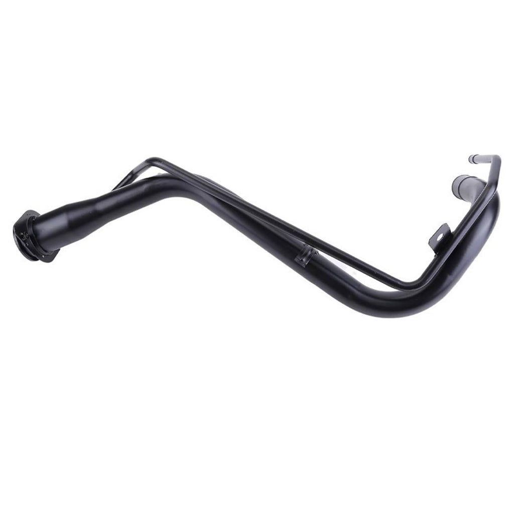 Fuel tank filler neck pipe, black metal with sweeping curve and end outlet collar