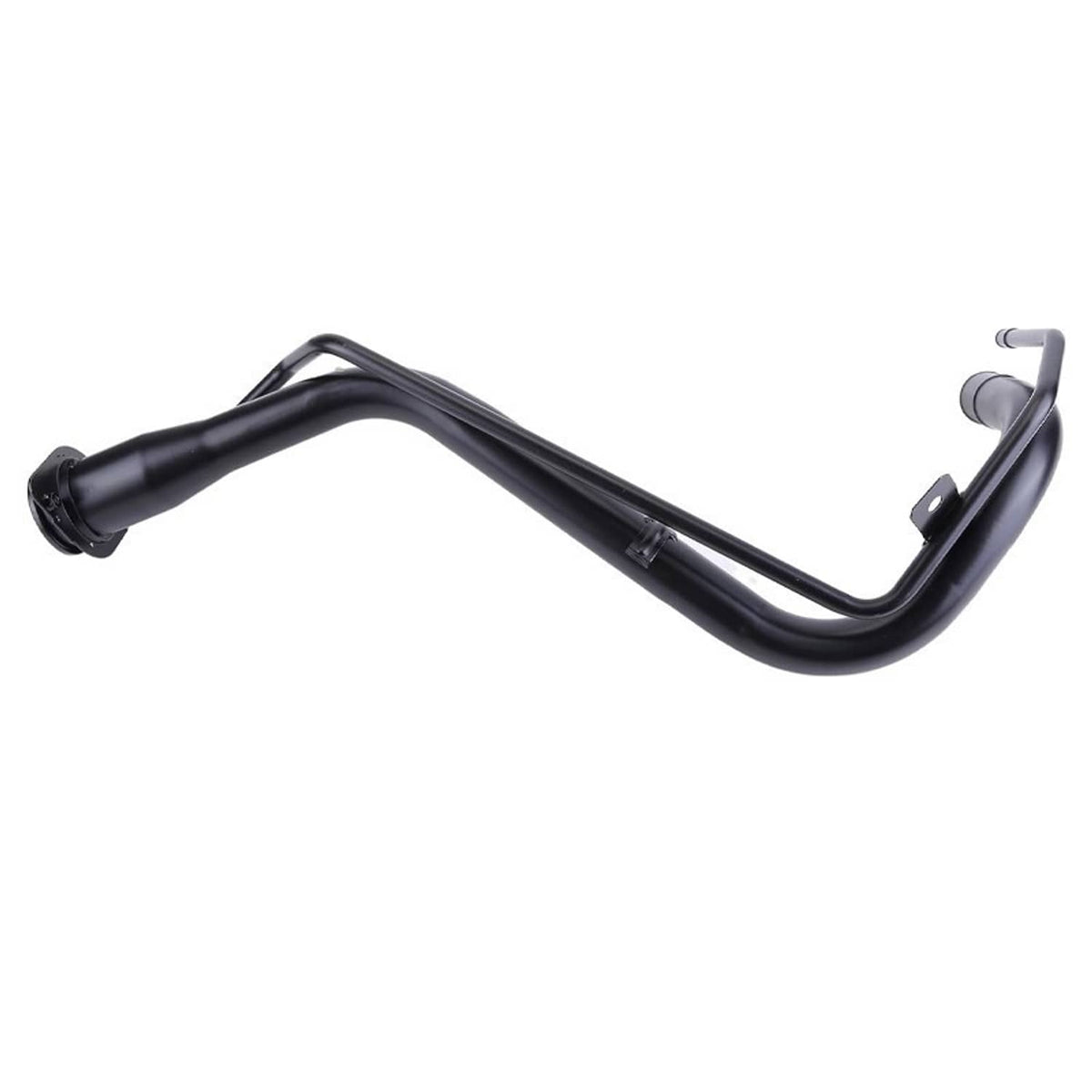 Fuel tank filler neck pipe, black metal with sweeping curve and end outlet collar