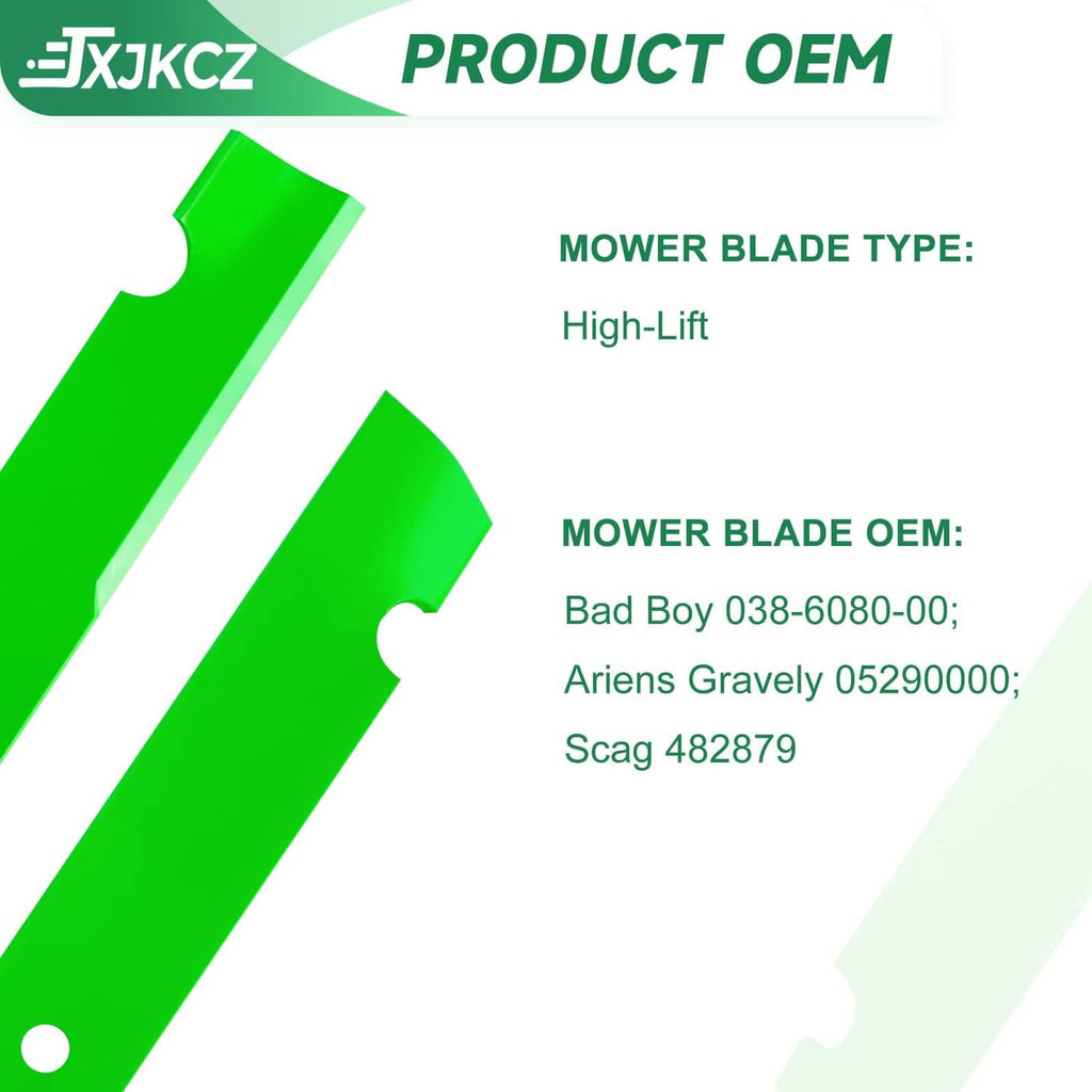 Green high-lift mower blade, OEM style with end mounting slots and center hole.