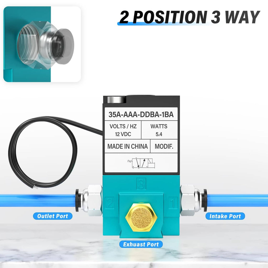 Turquoise 2-way 3-port pneumatic valve with three ports and connected tubing