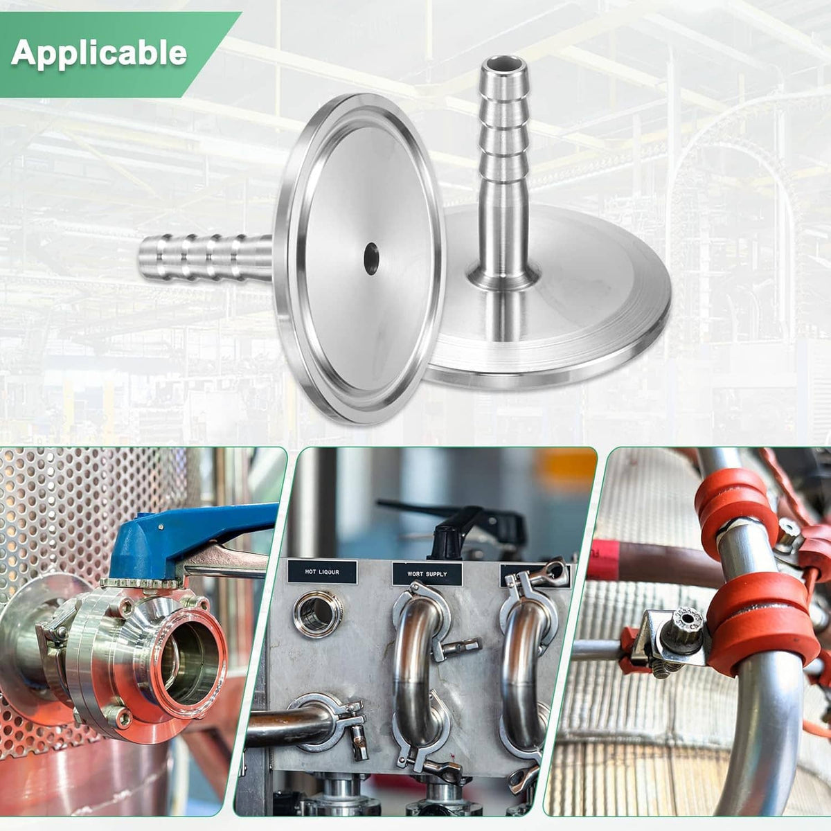 Stainless steel hose adapter fitting with flat base and barbed connector for assembly