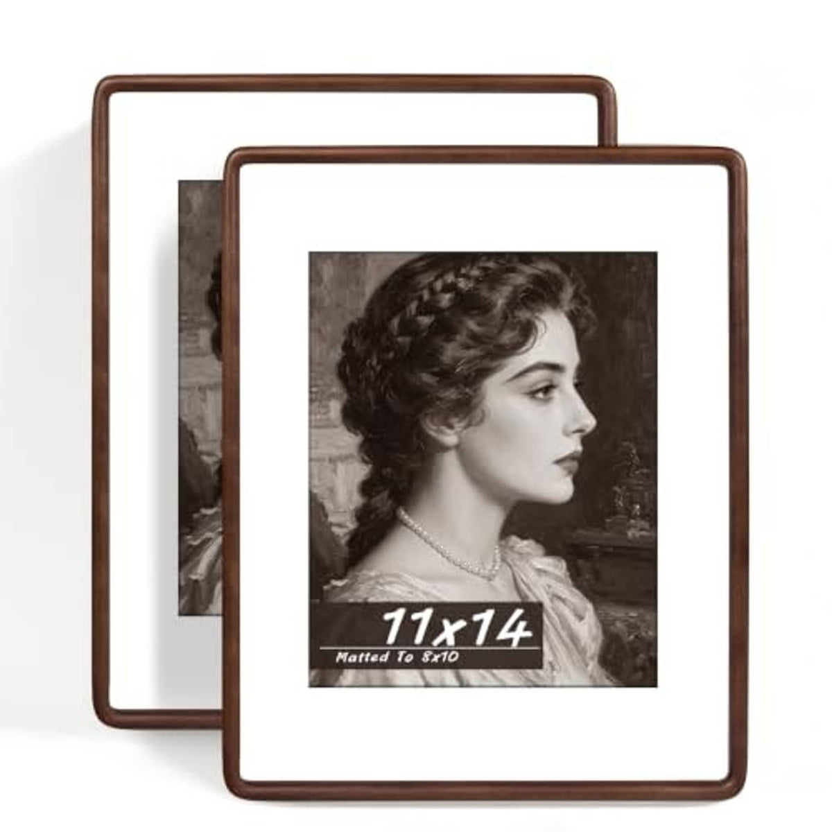 Pair of 11x14 walnut wood picture frames with photo inserts, front view