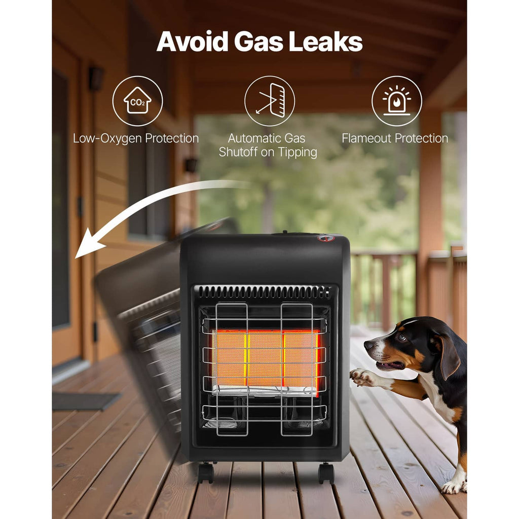 Portable propane heater with glowing heating element behind front protective grille