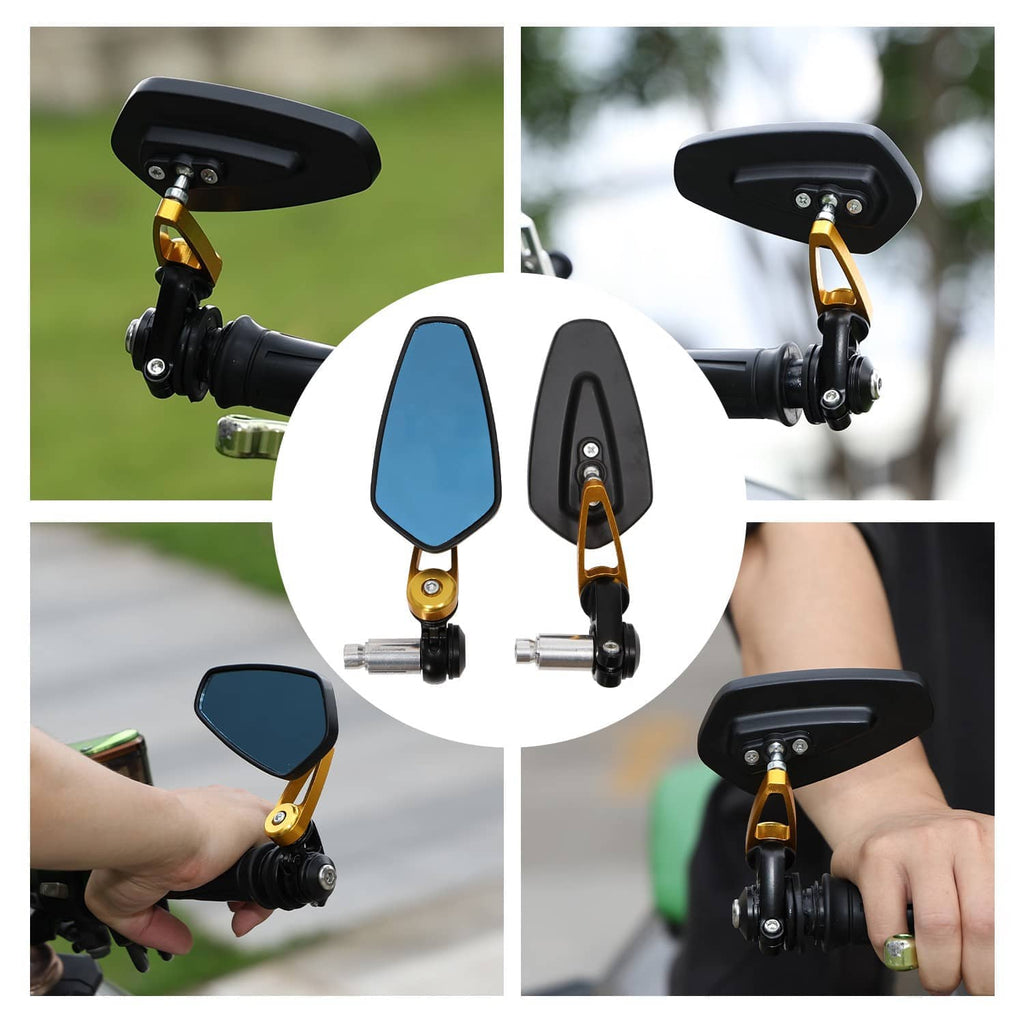 Motorcycle handlebar end mirror mounted on handlebar with blue lens and black housing