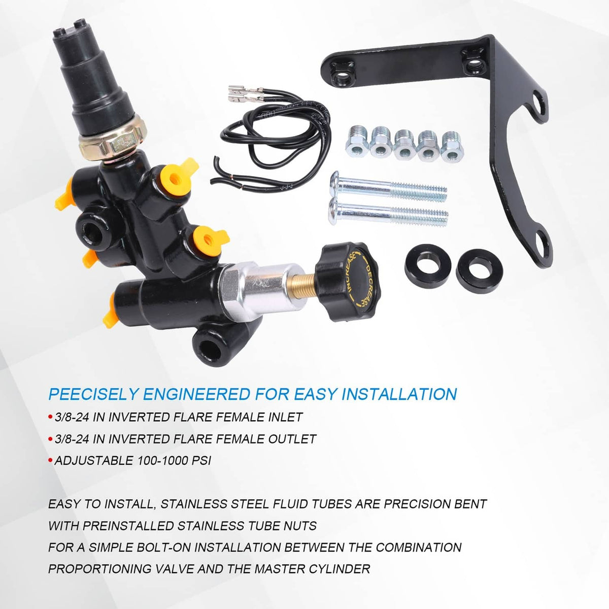 Proportioning valve assembly with adjustable knob, hoses, and mounting bracket
