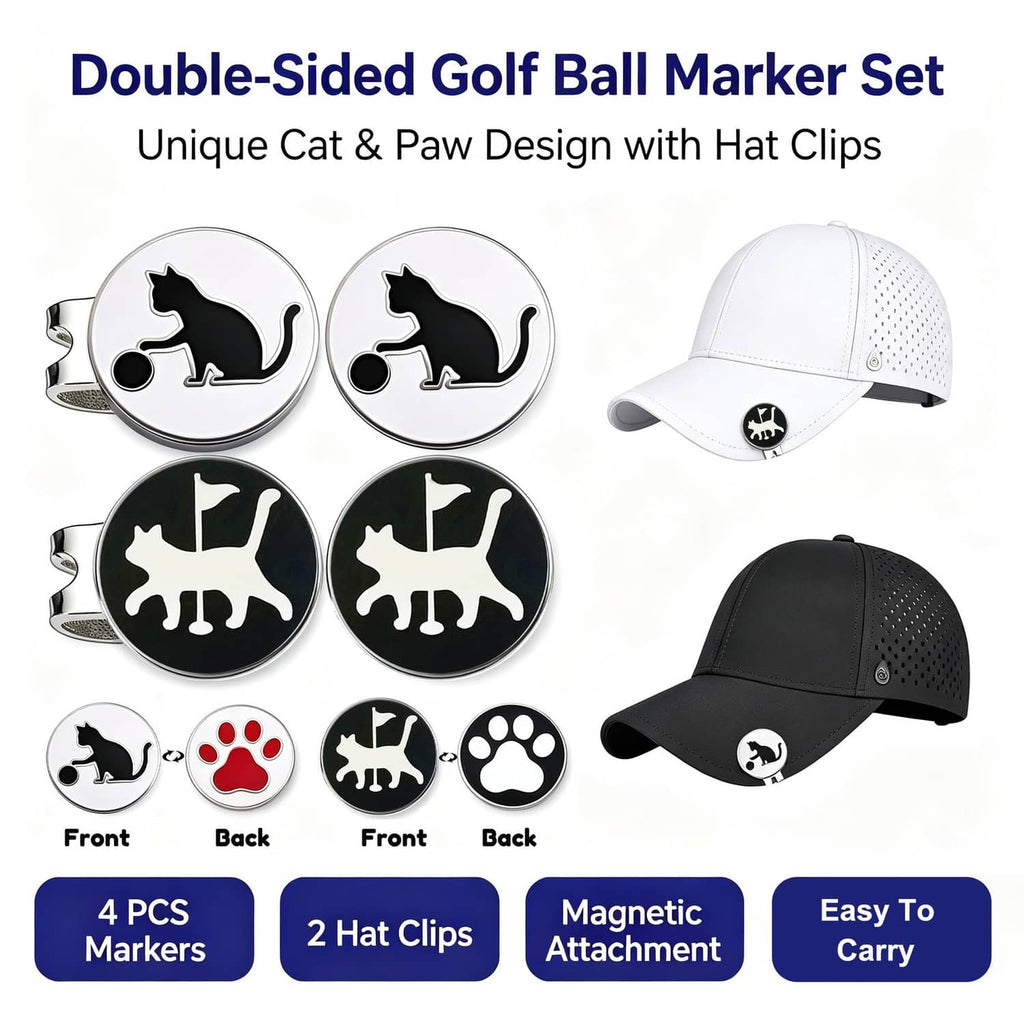 Double-sided cat golf ball marker set with hat clips, four round discs and cap clips