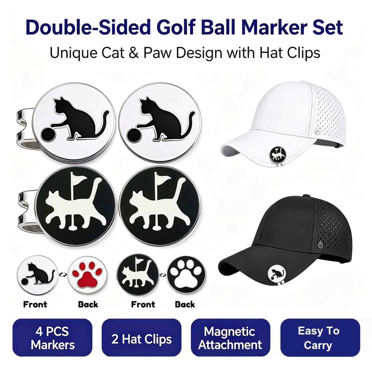 Double-sided cat golf ball marker set with hat clips, four round discs and cap clips