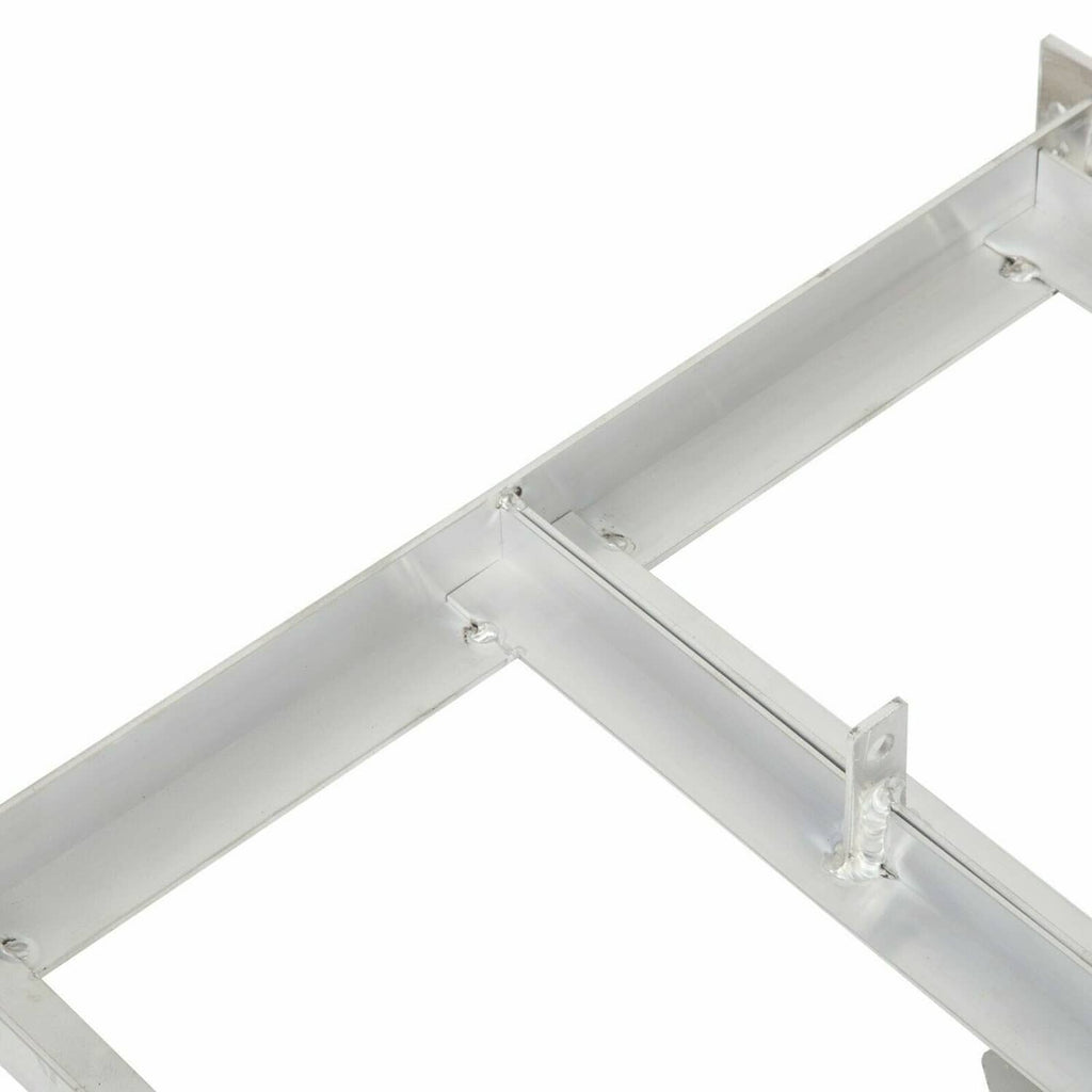 Aluminum battery tray frame corner close-up, reinforced joint and mounting points
