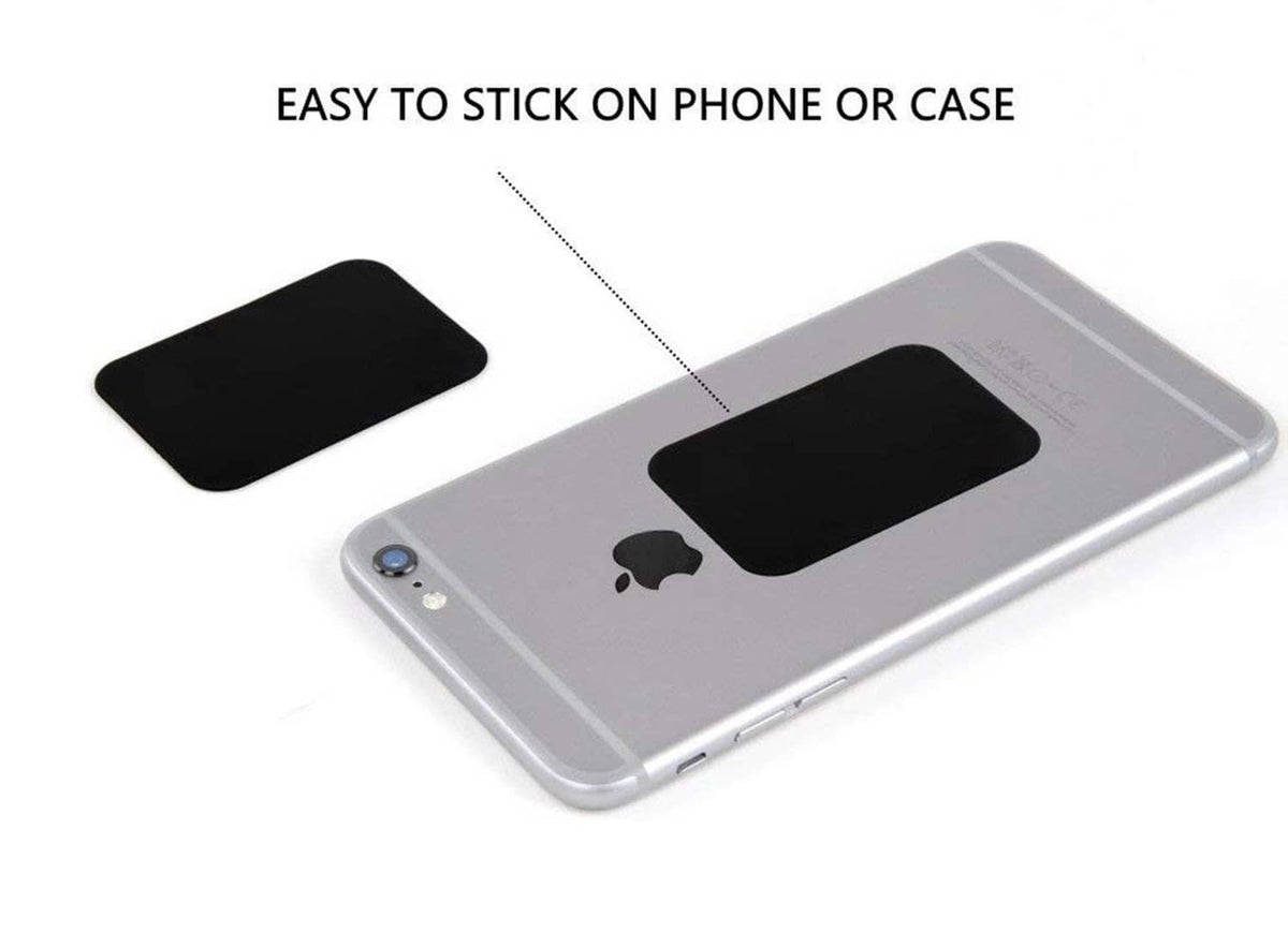 Adhesive metal phone mount plates, black square stickers shown with phone case