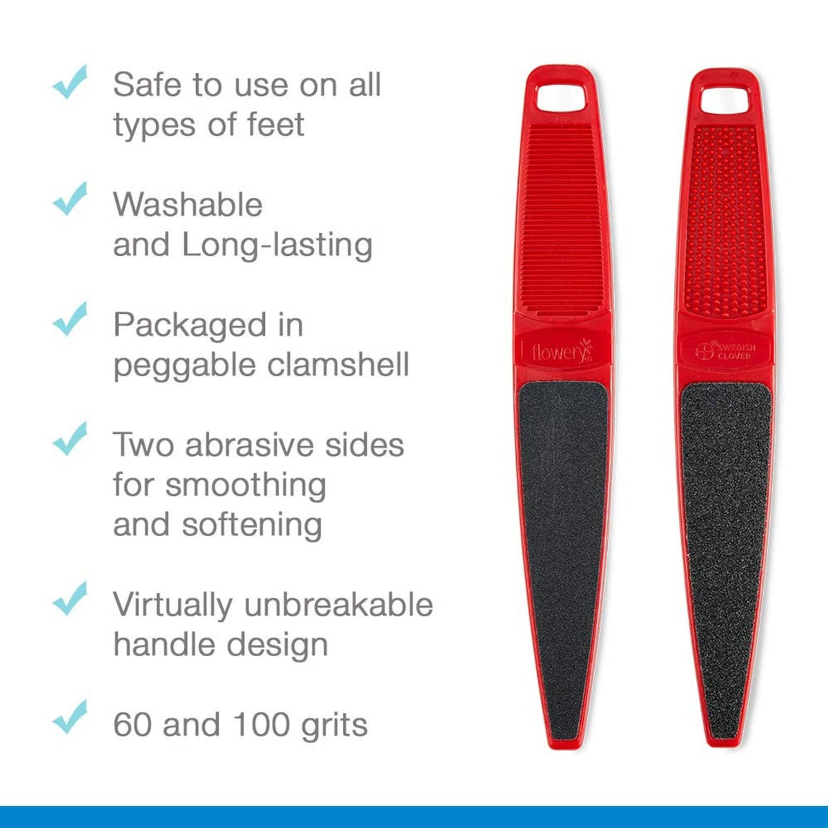 Pair of red double-sided foot files with black abrasive pads and vented handles.
