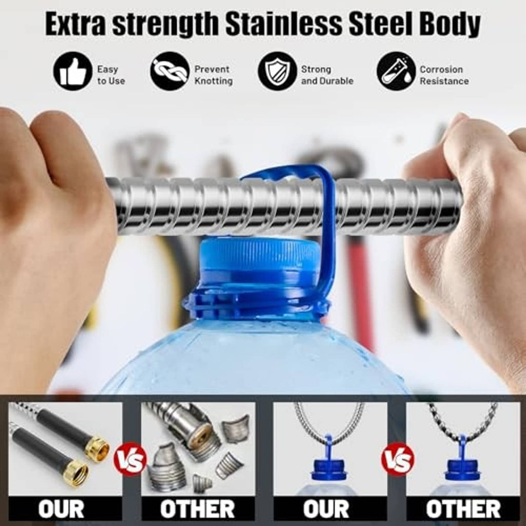 Stainless steel hose section with blue collar at the connection