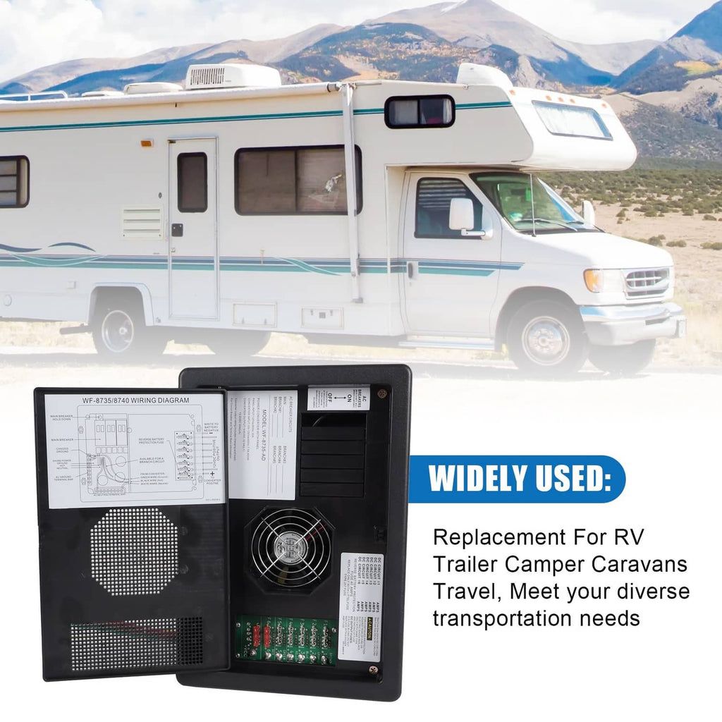 RV power converter installed on vehicle wall, shown with open front and wiring access