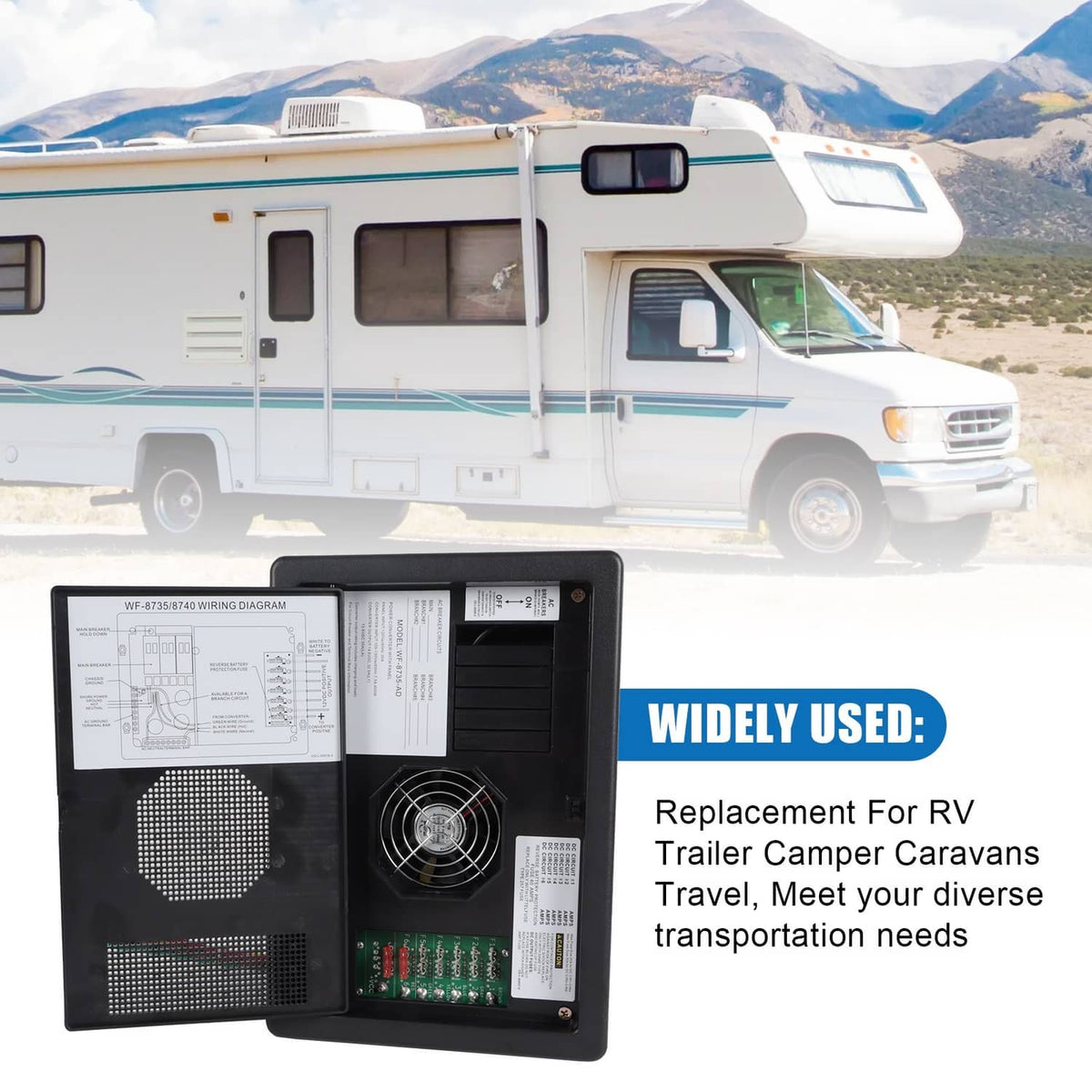 RV power converter installed on vehicle wall, shown with open front and wiring access