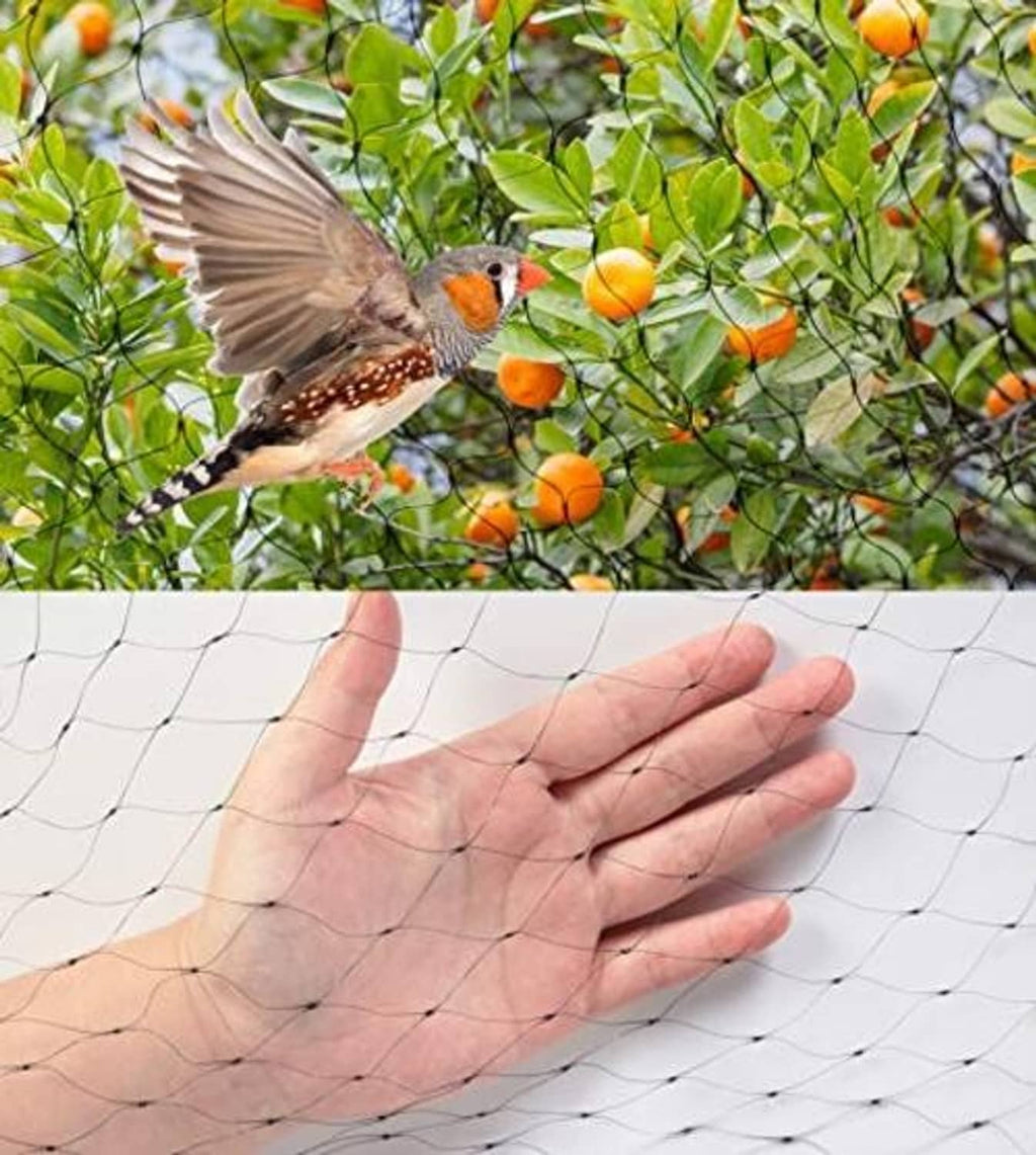 White bird netting sheet spread flat with fine grid and hand grasping edge
