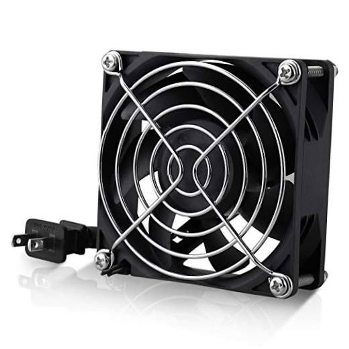 80mm axial cooling fan with black frame and silver wire guard grille