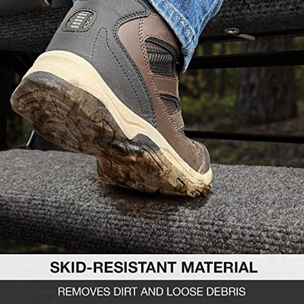 Castle gray textured RV step rug with boot sole on top