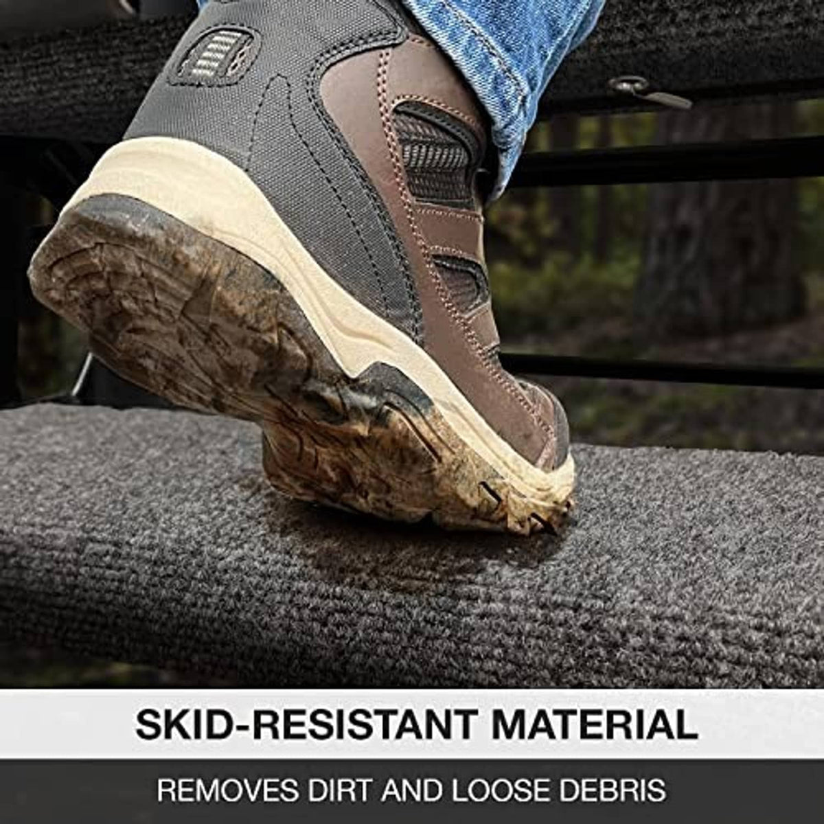 Castle gray textured RV step rug with boot sole on top