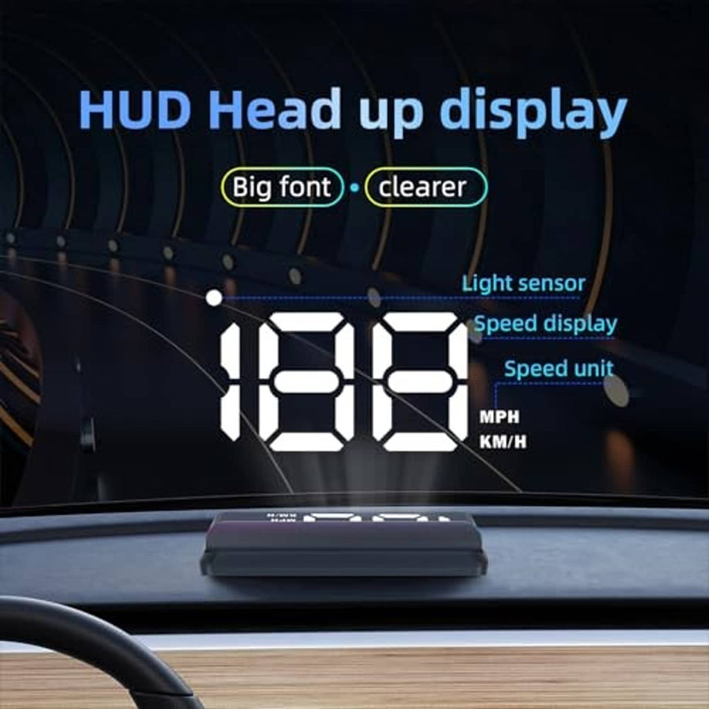 Car HUD head-up display on dashboard with large speed digits and MPH/KM-H icons