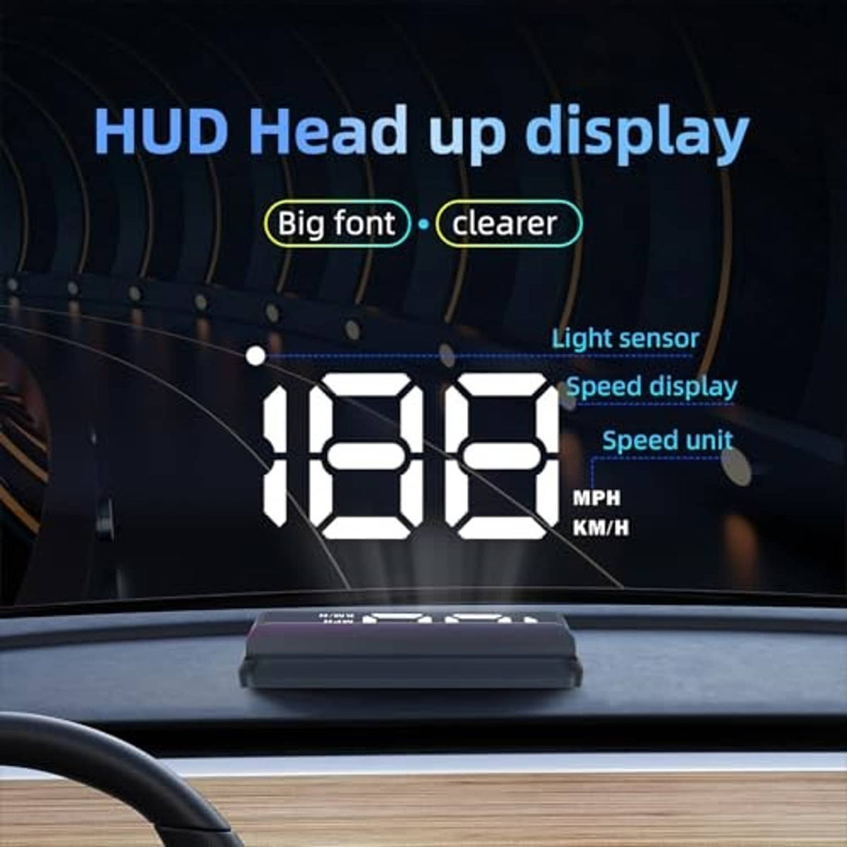 Car HUD head-up display on dashboard with large speed digits and MPH/KM-H icons