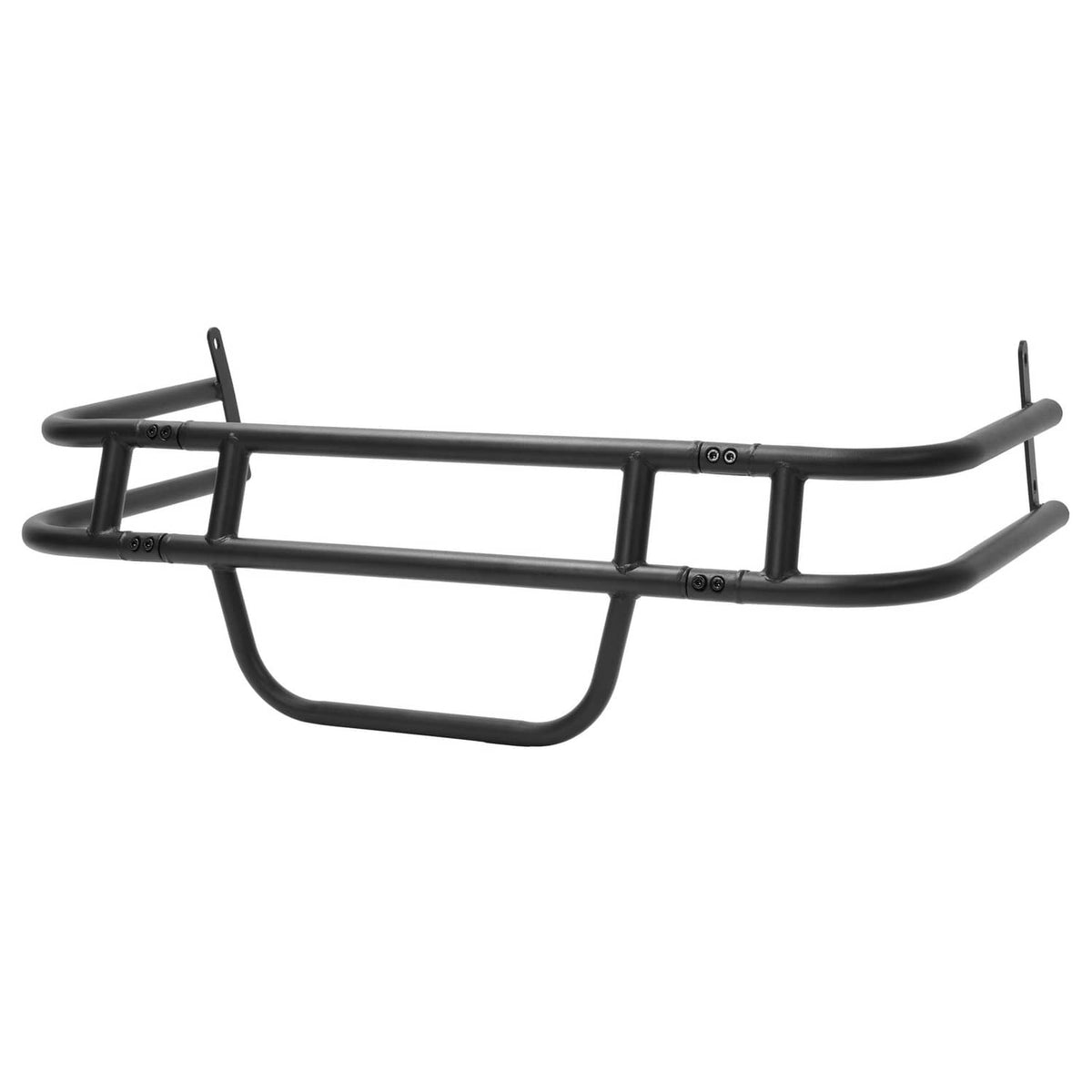 Black brush guard bumper grille with curved lower guard and top reinforcement bar