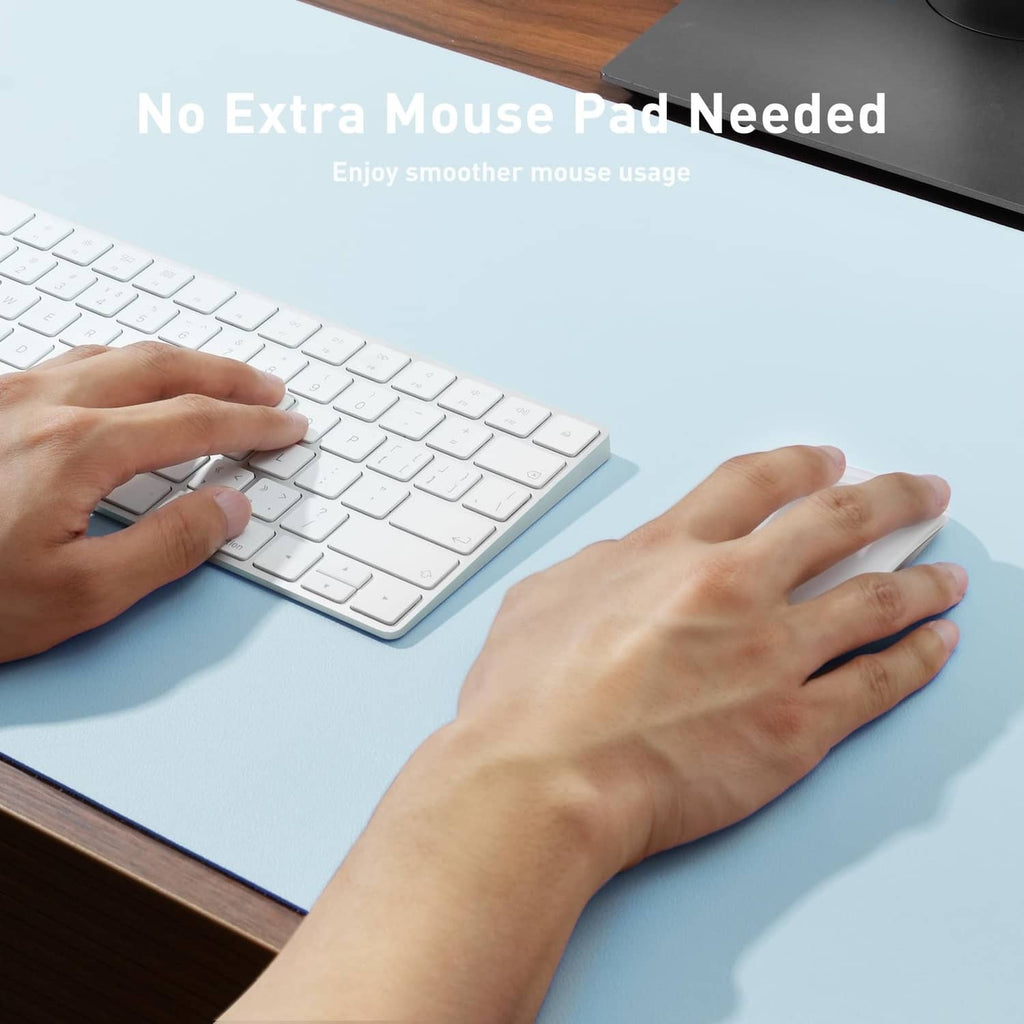 Baby blue leather desk pad protector with smooth surface for mouse and keyboard use