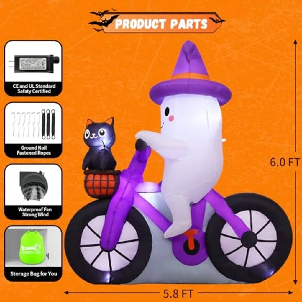 Inflatable ghost cycling decoration with cat in pumpkin basket; size 6.0 ft overall