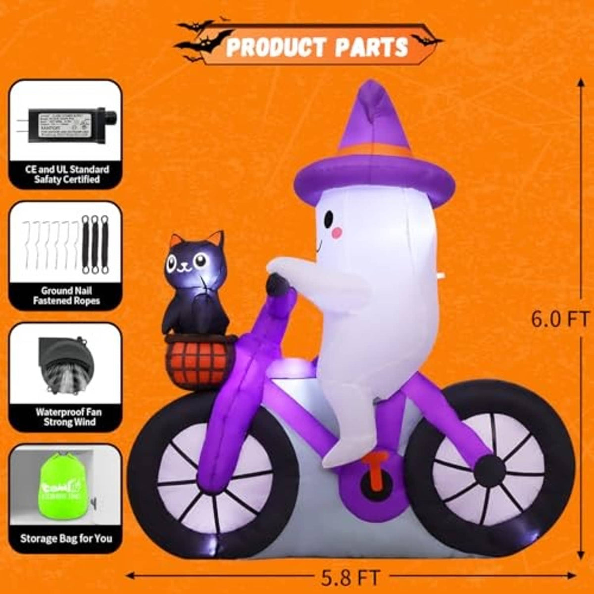 Inflatable ghost cycling decoration with cat in pumpkin basket; size 6.0 ft overall
